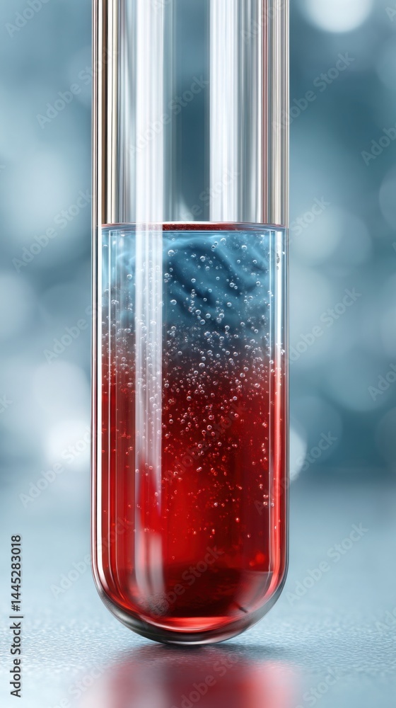 Poster glass vials with red liquid dissolving into a blue bubbling solution inside a transparent scientific