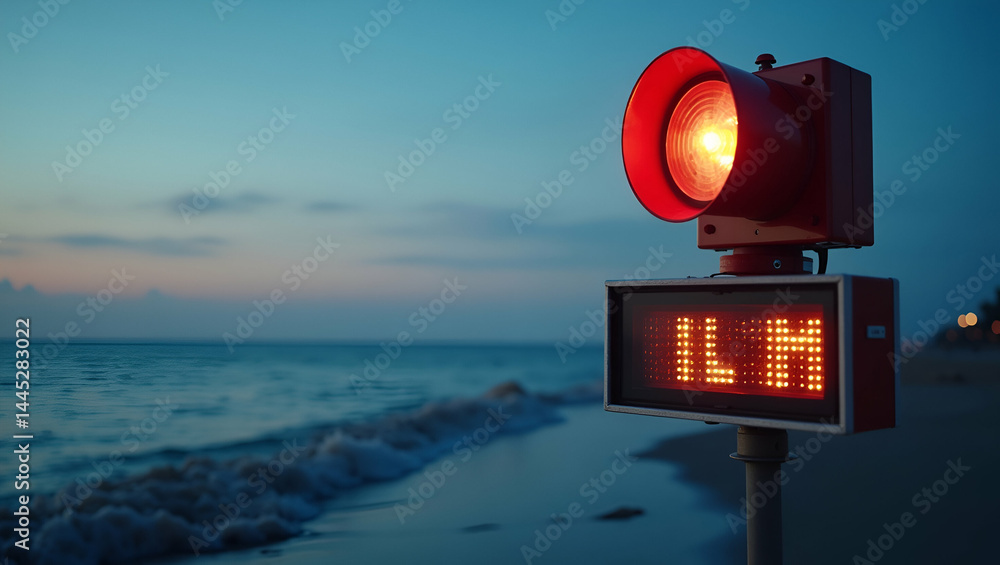 Poster tsunami siren alert: emergency warning system with flashing lights and digital instructions for coas