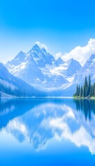 Serene mountain lake reflecting a snow-capped peak under a vibrant blue sky