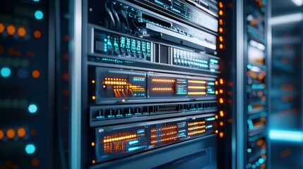 Close-up of modern server racks with illuminated indicators in a data center.