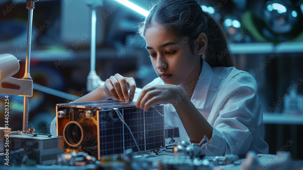 Poster This focused student works on a technology project, assembling components for a learning device.