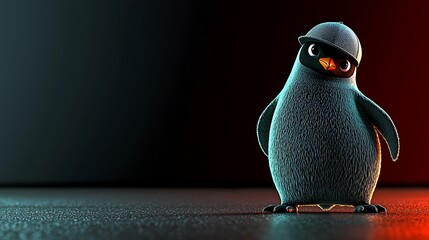Cartoon penguin wearing a cap stands confidently against a gradient backdrop, showcasing vibrant colors