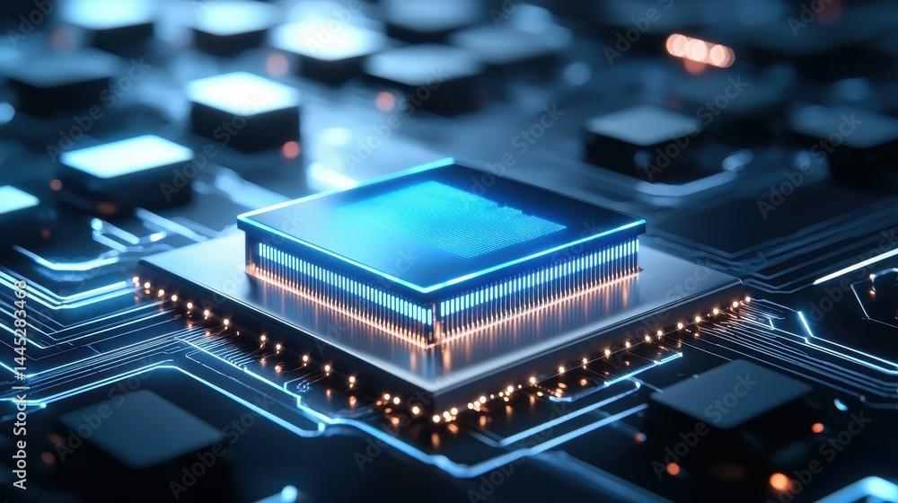 Poster close-up of a glowing microprocessor on a circuit board with intricate details.