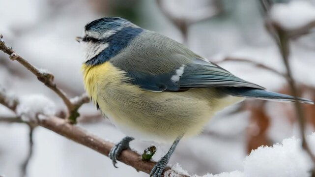 Eurasian blue tit perched on a snow covered branch on a winter day in soft diffused light
