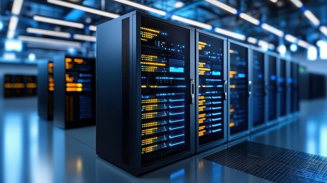 Modern data center with illuminated server racks and sleek design. - Powered by Adobe