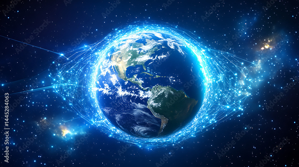 Sticker planet earth in space , binary code technology , glowing sphere on black background