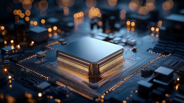 Close-up of a high-tech microprocessor on a circuit board with glowing accents.