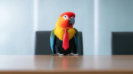 Colorful parrot in a sharp black suit and bright tie, confidently perched on a conference table, corporate setting