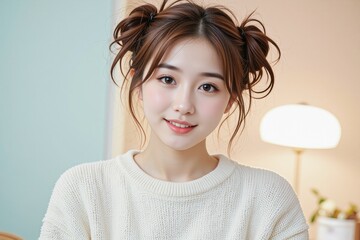 Attractive Young Woman with Brown Hair in Space Buns Wearing Cream Knit Sweater