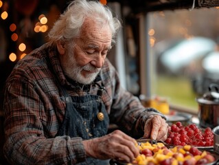 Elderly man carefully preparing fruit in rustic setting