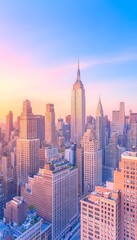 Fototapeta premium Soft-focus cityscape at sunrise, showcasing a prominent skyscraper amidst a cluster of buildings bathed in warm, pastel hues