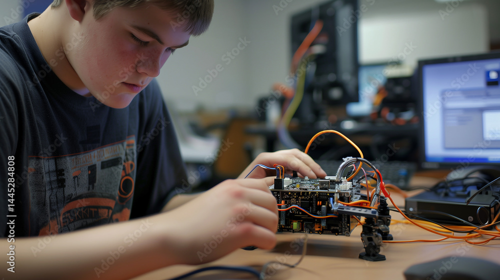 Poster This Student focuses on assembling a robotics kit in a classroom setting, exploring technology.