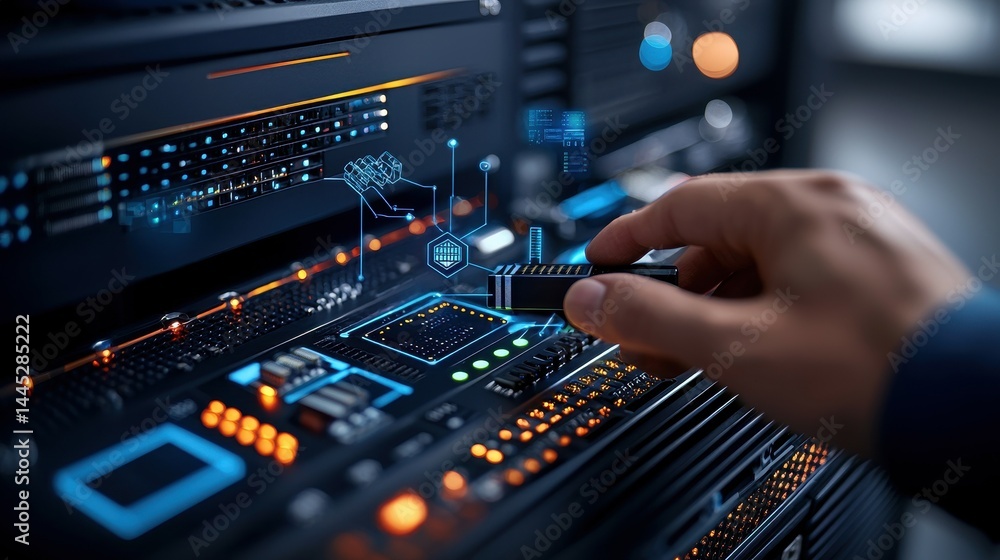 Poster close-up of a hand operating a server with glowing digital graphics.