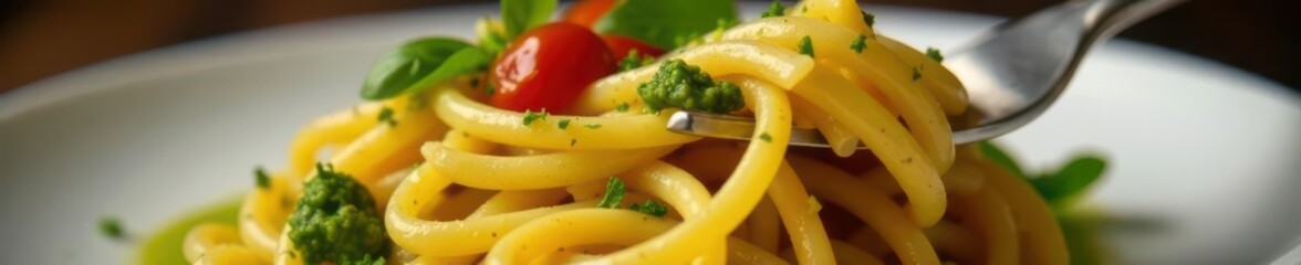 Close-up of tagliatelle pasta with vibrant pesto and tomato sauce on a fork , red, homemade