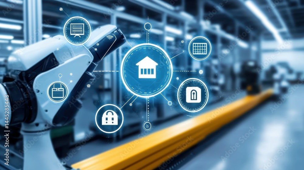 Poster a robotic arm with digital connectivity symbols in a modern factory setting.