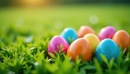 Fototapeta premium Close-up view of numerous Easter eggs nestled in green grass , details, shadow, holiday