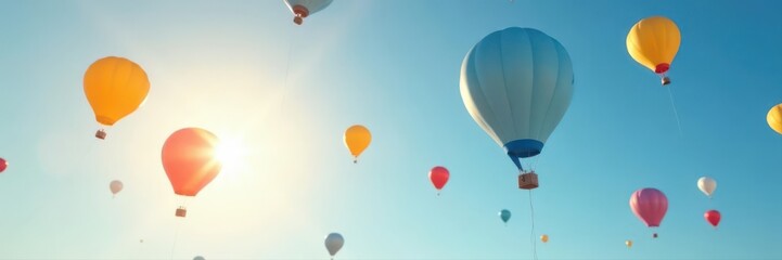 Fototapeta premium Vibrant sunlit balloons float against clear blue sky, cheerful, fun