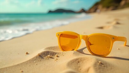 selective focus of yellow sunglasses near suntan oil bottle on golden sand isolated on grey