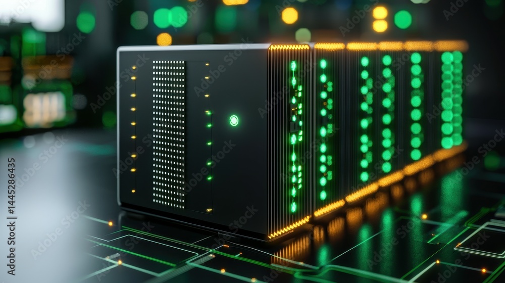 Aufkleber high-tech server unit with glowing green lights in a digital environment.