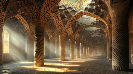Ancient vaulted hall bathed in golden light.