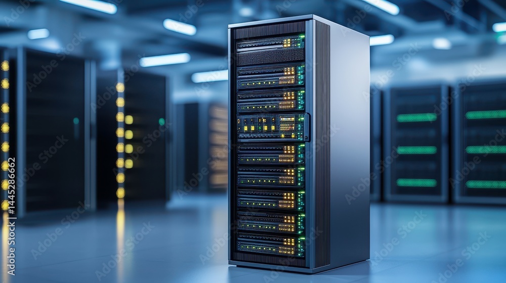 Poster futuristic data center with illuminated server racks and high-tech equipment.