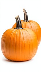 Obraz premium Two vibrant orange pumpkins, smooth skin, dark stems, isolated on white