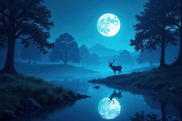 Obraz premium Futuristic forest, moonlit water, neon blue glow, deer silhouette, digital painting, trees
