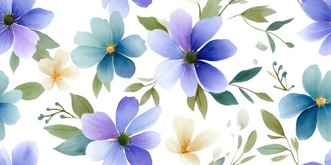 Hand-painted seamless watercolor background of violet, blue and soft yellow anemones, green leaves and brush textures on white, ideal for textile and stationery, Watercolor, Seamless Pattern.