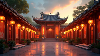 Architectural Shot of Temple with Heritage Banners & Lanterns - Capturing Cultural Festival Ambiance in Summer Evening | Photo Stock Concept with Left Space