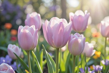 Stunning Pastel Pink Tulips Blooming in Spring Garden Sunlight