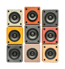 Fototapeta premium Colorful grid of nine vintage style box speakers in patterned arrangement