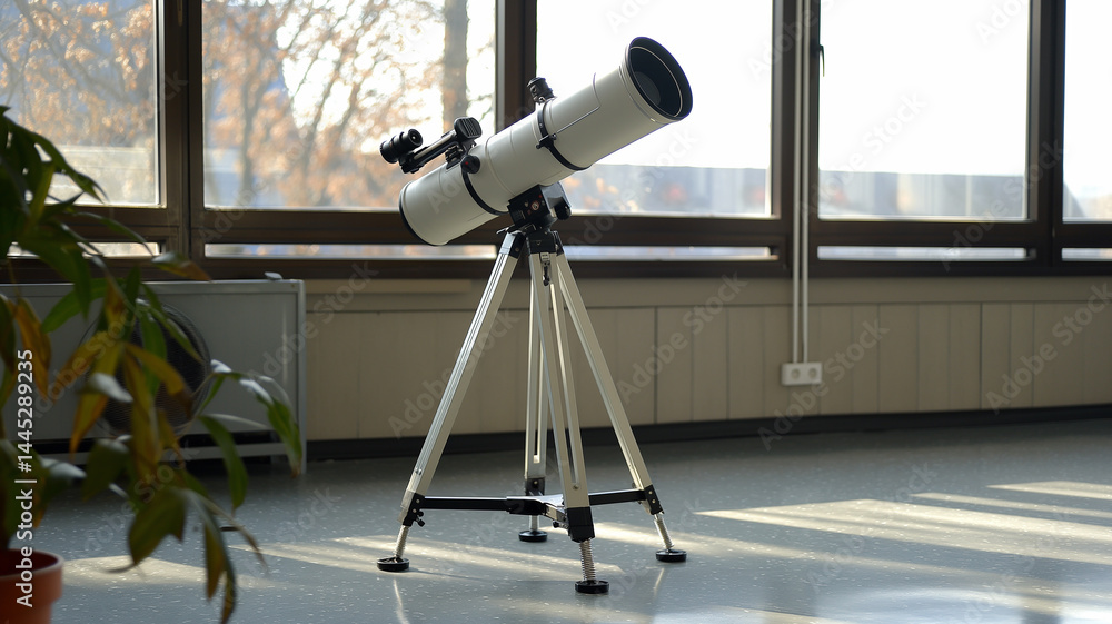Poster this telescope in a bright classroom invites students to explore concepts through observation.
