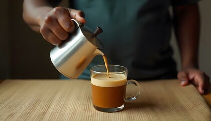 cropped view of man holding metal coffee pot near coffee cup on beige background