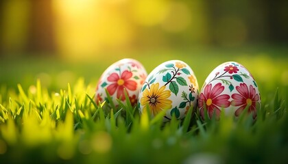 selective focus of painted easter eggs on grass
