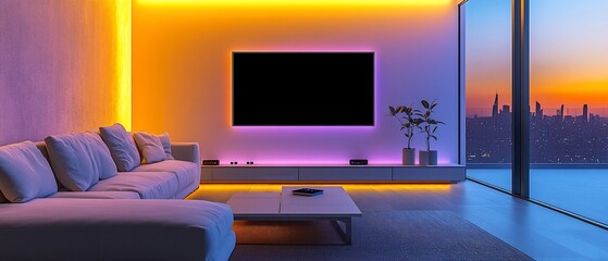 Modern living room with large screen, sofa, city view, & ambient LED lighting