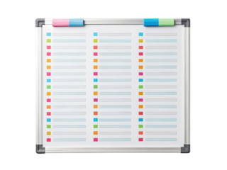 A whiteboard with a grid layout, multicolored labels, and two markers attached at the top.