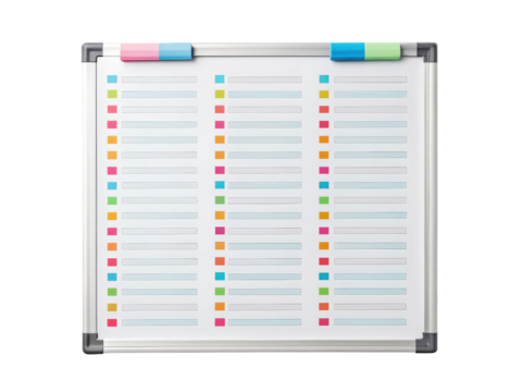 A whiteboard with a grid layout, multicolored labels, and two markers attached at the top.