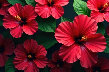 Bold hibiscus blooms, repeating motif, deep red hues , tropical, bloom
