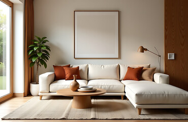 Cozy living room interior features a mix of warm tones, textures, and patterns, including a wooden sculpture and decorative accessories._00001_