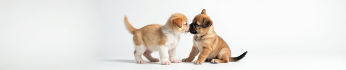 Obraz premium Tiny puppy giving a gentle kiss to a fluffy tabby kitten on a pristine white backdrop , kiss, cat, soft