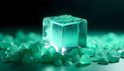 A clear, transparent ice cube resting on a polished emerald gemstone surface, studio lighting, high contrast.