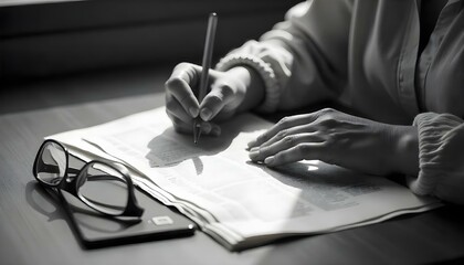 cropped view of woman holding pencil near newspaper, glasses and smartphone with blank screen on