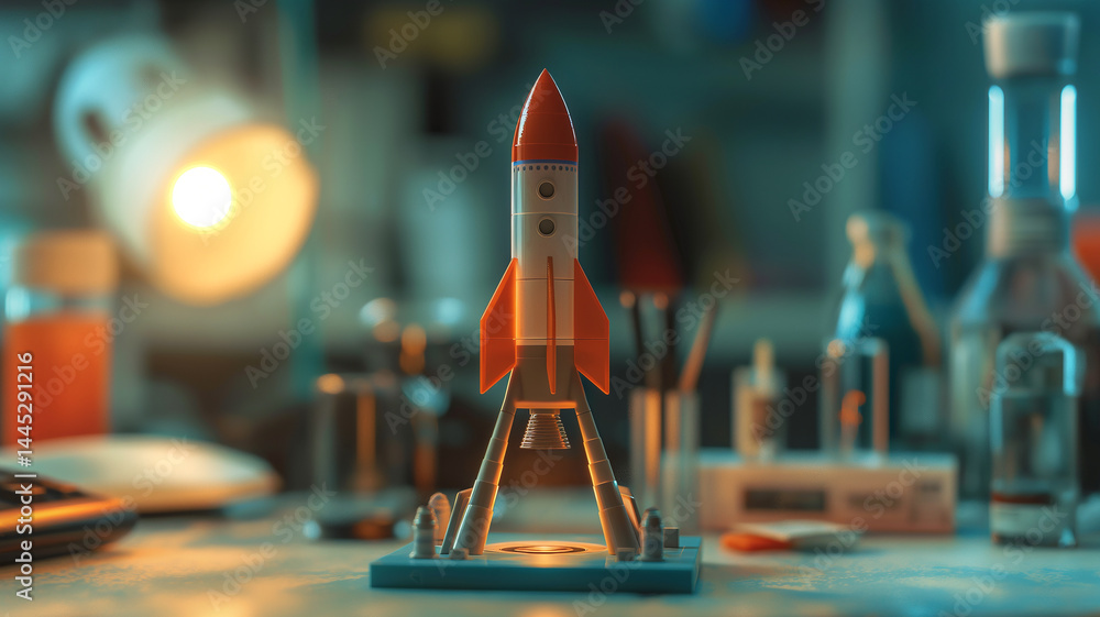 Poster this rocket model on a workspace surrounded by learning materials and tools for educational projects