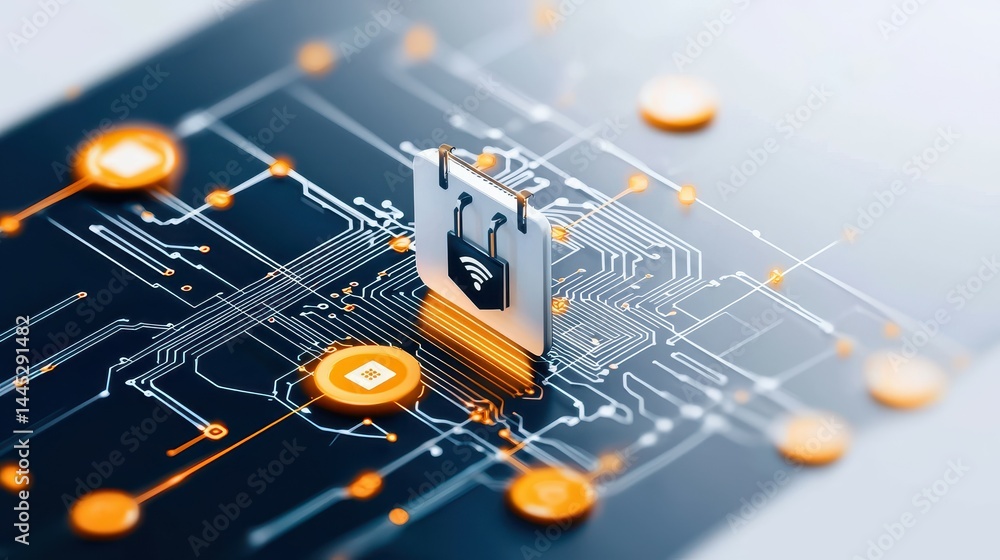 Poster digital security concept with a wi-fi padlock on a circuit board background.