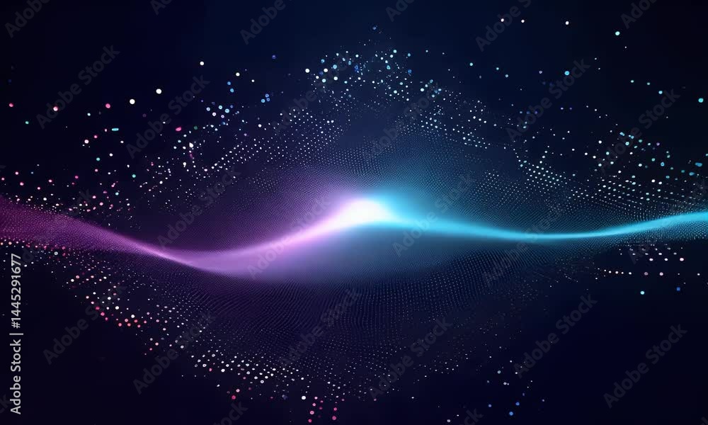 Poster abstract digital wave of glowing particles and energy flows in a dark background.