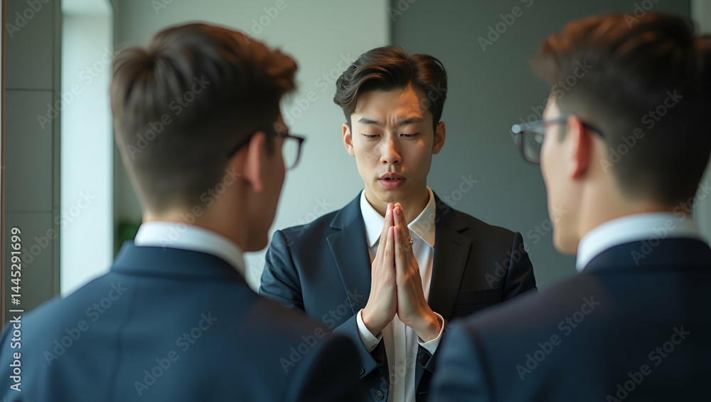 Poster young professional in business suit taking a deep breath in restroom mirror - building confidence fo