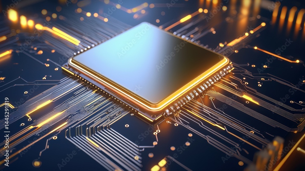 Poster close-up of a modern computer microprocessor on a circuit board.