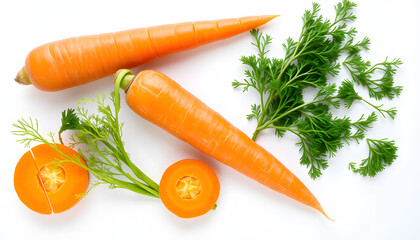 Fresh carrot isolated. Two whole carrots and half of carrot on white background. with white shades