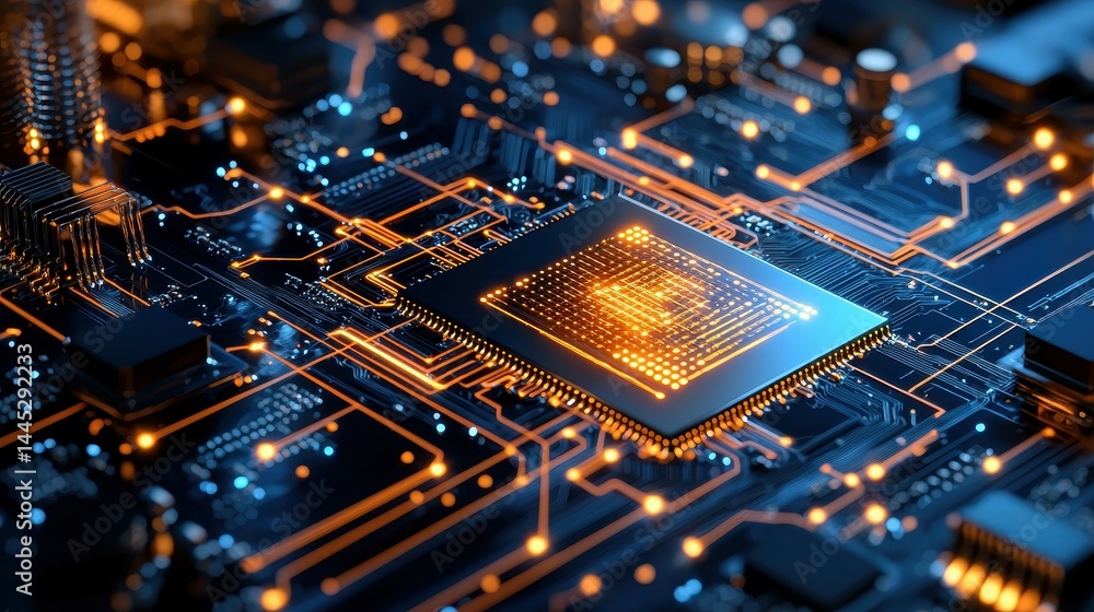 Poster close-up of a microprocessor on a circuit board with vibrant lighting.