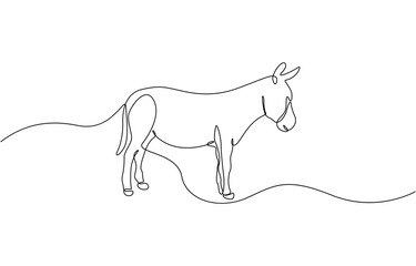 Donkey one line drawing on white isolated background. Vector illustration, Single one line drawing donkey cute farm animal. Friendly tame animals mascot for livestock.